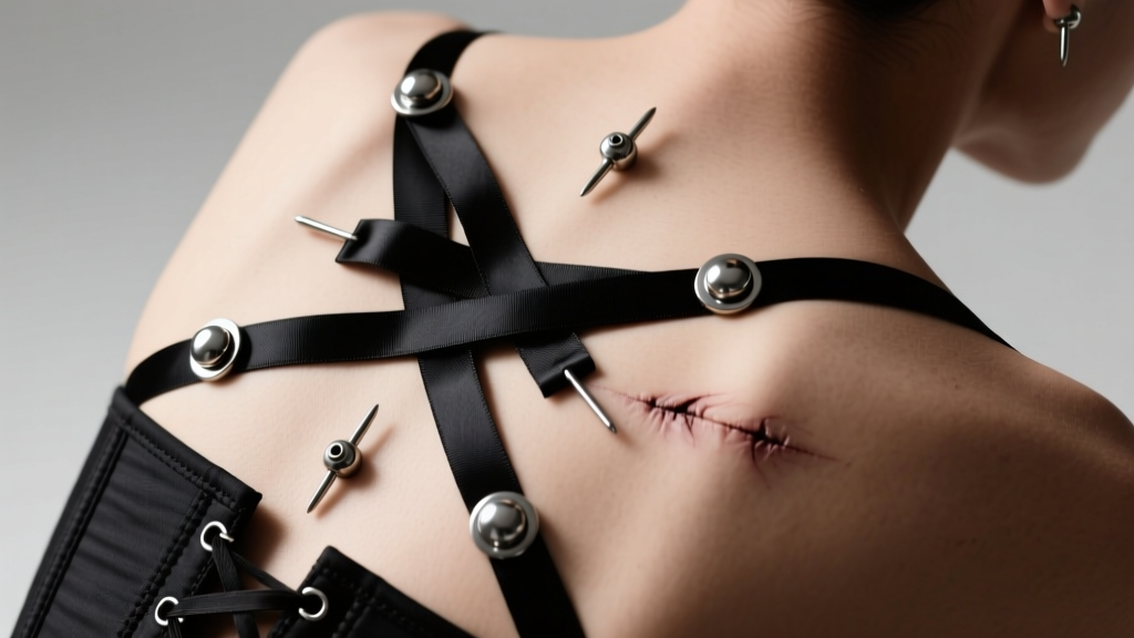 Overhead view of healed corset piercings on upper back featuring black PTFE ribbon laced through minimalist titanium dermal tops