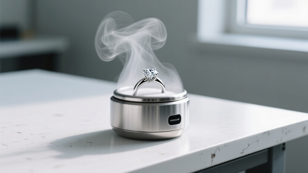 Stainless steel steamer jewelry cleaner on a workbench emitting a focused beam of steam to clean a diamond engagement ring closely