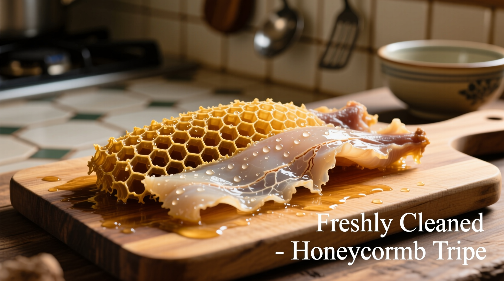 Freshly cleaned honeycomb tripe on cutting board