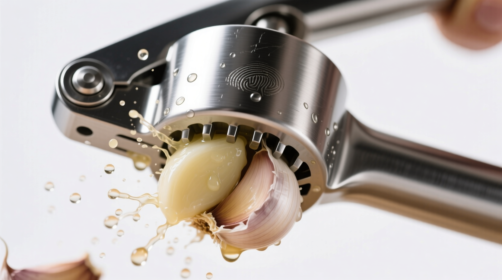 Stainless steel garlic press crushing fresh cloves