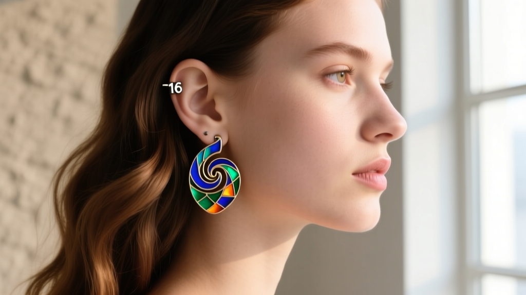 Side profile of a model wearing a 16-gauge titanium flat back earring with kiln-fired vitreous guilloché enamel on the helix