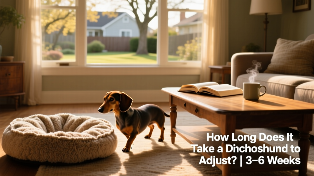 A calm dachshund exploring a cozy living room with soft lighting and a plush dog bed nearby