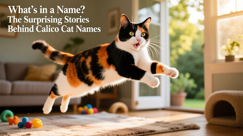 A vibrant calico cat mid-leap, showcasing its striking tri-color coat