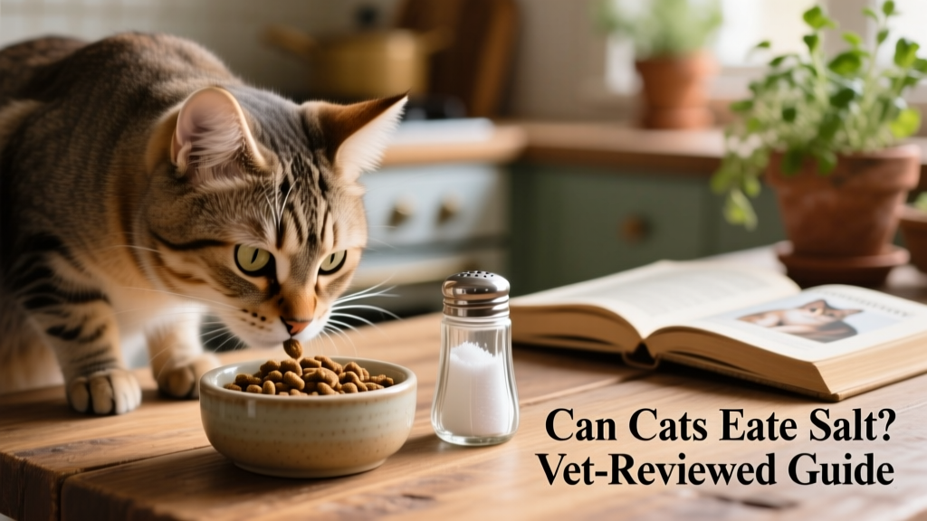 Close-up of a domestic cat sniffing a small bowl of plain kibble next to a salt shaker, illustrating safe vs. unsafe feeding choices