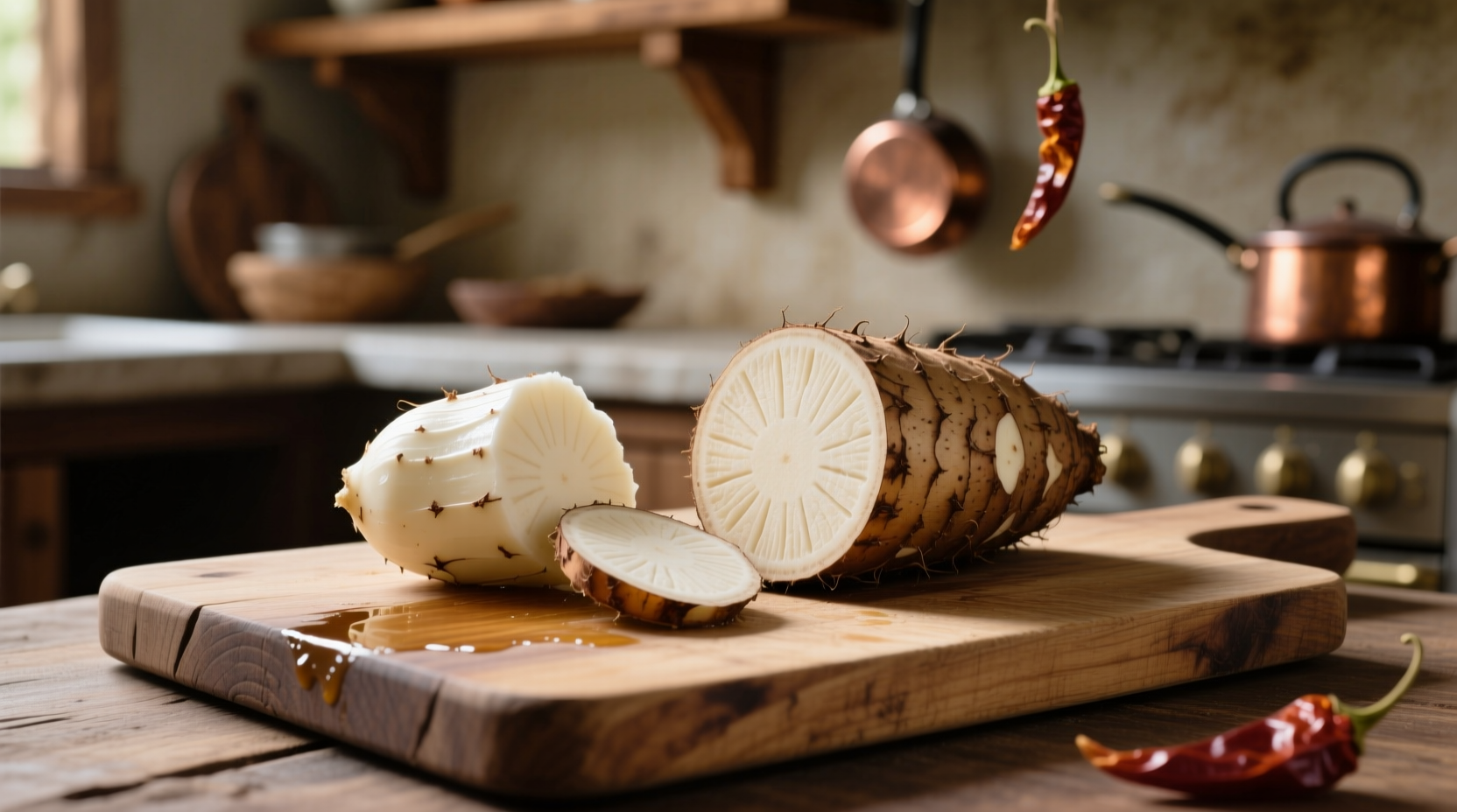 Fresh peeled yuca root on wooden cutting board