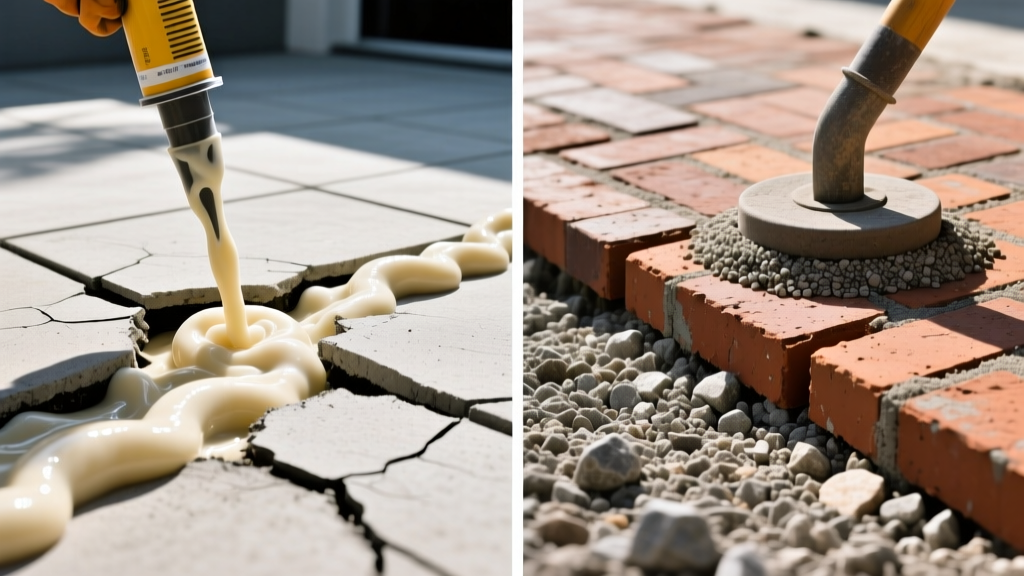 Split view of a cracked concrete patio being injected with polyurethane foam on the left, and sunken brick pavers being re-leveled with crushed stone base on the right