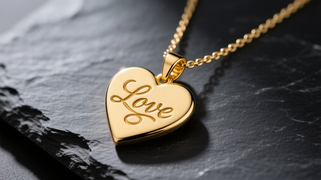Solid 14k yellow gold love pendant necklace on dark slate, highlighting intricate script engraving and a delicate 1.2mm box chain.
