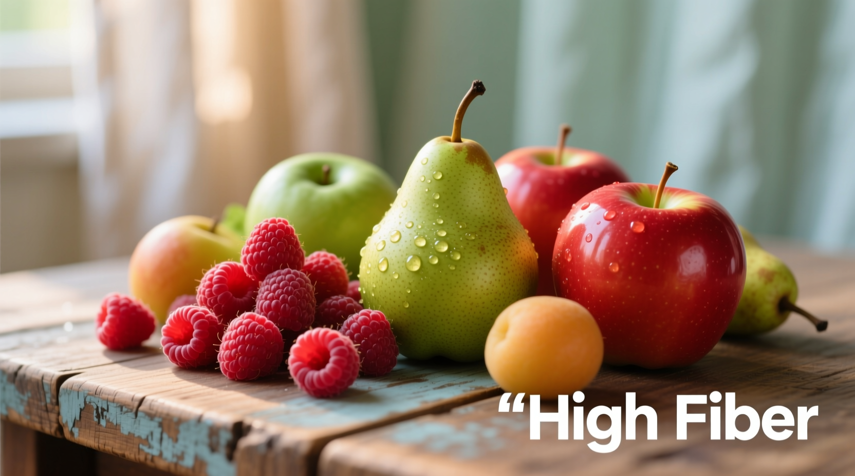 Colorful assortment of high-fiber fruits including raspberries, pears, and apples