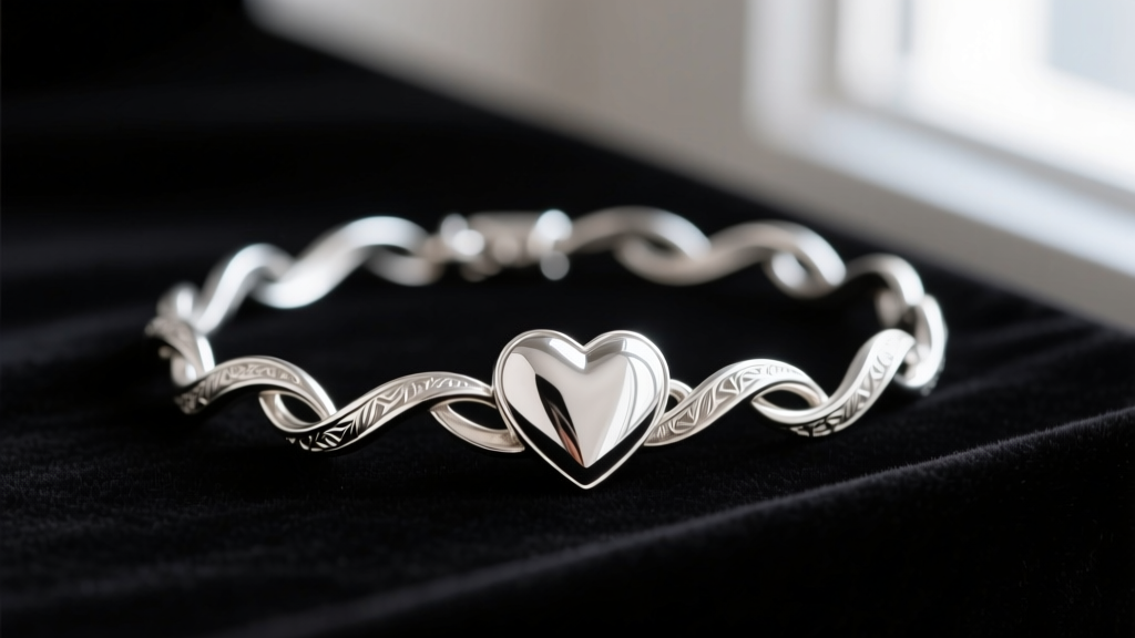 Sterling silver heart charm bracelet on dark velvet, highlighting intricate metalwork and a polished, reflective metal finish.