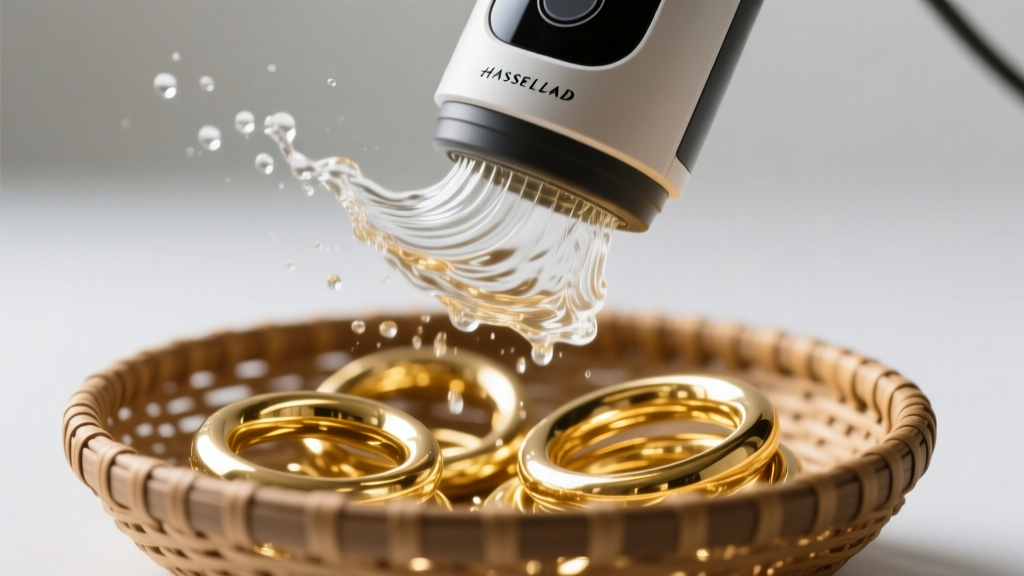 Ultrasonic cleaner vibrating with water, holding a basket of solid gold hoops, strictly avoiding any porous or fragile gemstones.