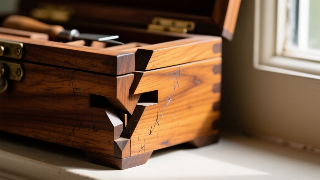 Close-up of hand-cut asymmetrical dovetail joints on the corner of an 1880s walnut jewelry box, highlighting the aged patina and tool marks.