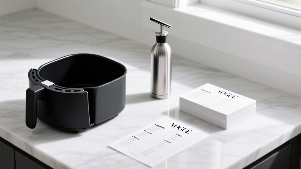 Curated box on marble counter holding matte black silicone air fryer liners, a stainless steel pump oil mister, and magnetic cheat sheets