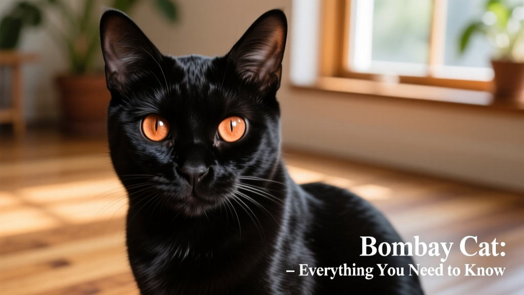 Close-up portrait of a glossy black Bombay cat gazing directly at the camera, highlighting its copper eyes and smooth coat