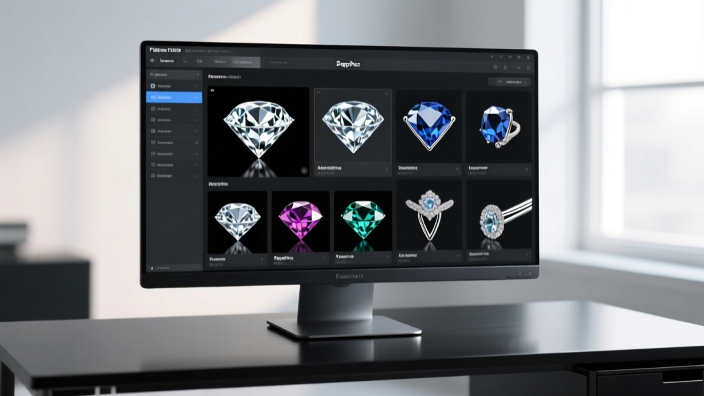 Monitor displaying categorized 3D gemstone and prong component libraries for jewelry CAD design in a digital folder structure.