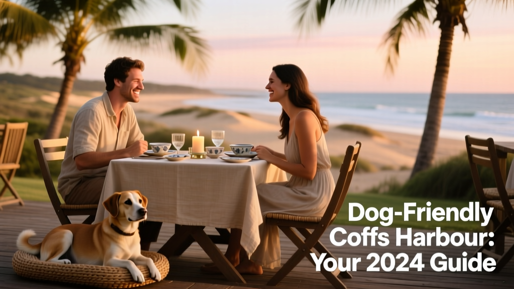 A couple enjoying dinner at an outdoor restaurant table in Coffs Harbour, with their calm, well-behaved dog resting beside their chairs