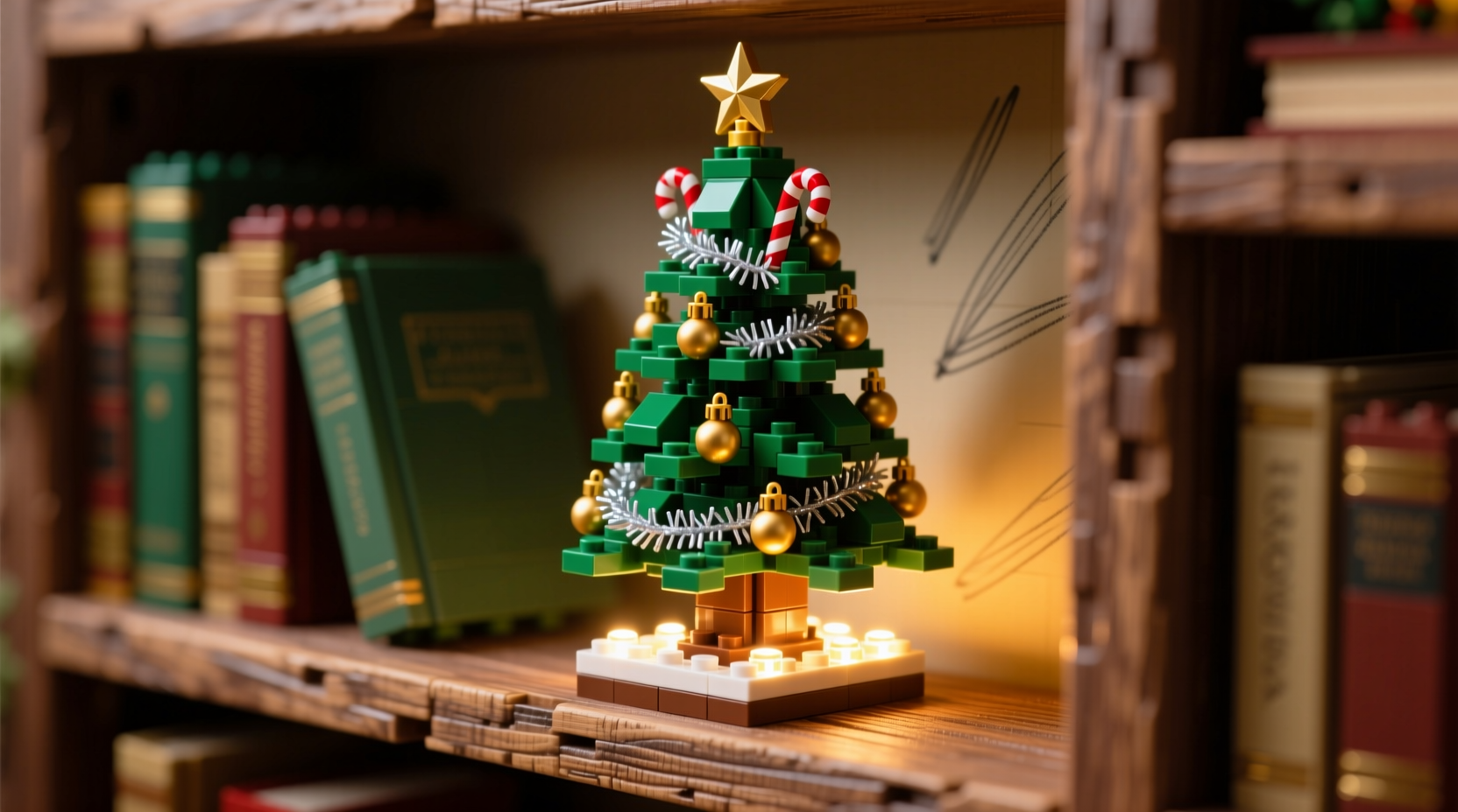how to build a lego christmas tree that fits on a bookshelf and lights up