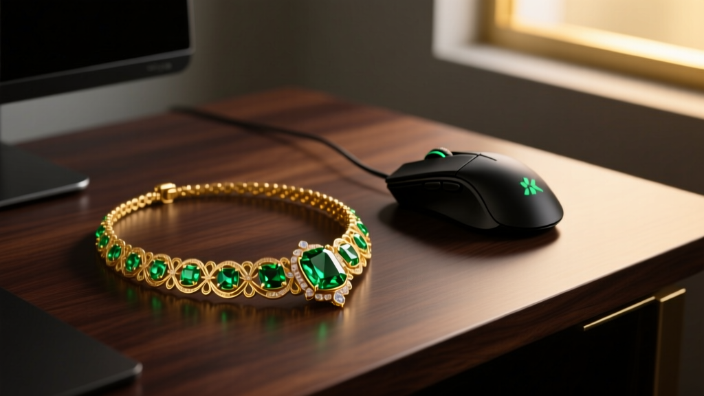 A real-life 18k gold and emerald pendant necklace resting on a dark wooden desk next to a gaming mouse, cinematic moody lighting
