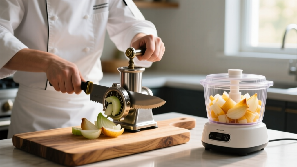 Cook using a manual pull-cord vegetable chopper on a wooden board next to an electric mini-prep bowl filled with perfectly diced onions