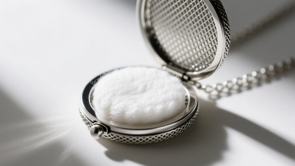 Macro shot of a 316L stainless steel mesh locket aromatherapy necklace opened to reveal a saturated white wool felt pad.