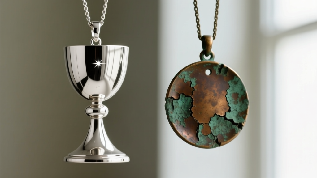 Macro shot comparing bright rhodium-plated silver monstrance pendant to an antique oxidized bronze version, highlighting metal textures.