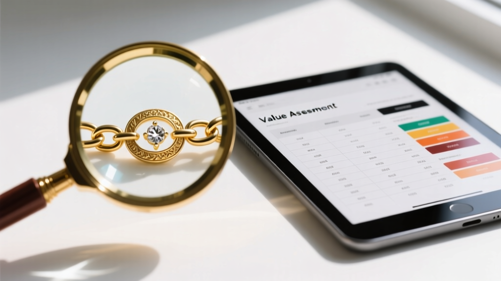 Jeweler loupe examining a gold chain clasp next to a digital tablet displaying a jewelry pricing and value assessment spreadsheet