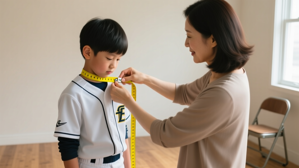 Mother measuring the neck of a ten-year-old baseball player with a yellow fabric tape measure to ensure a safe two-inch drop