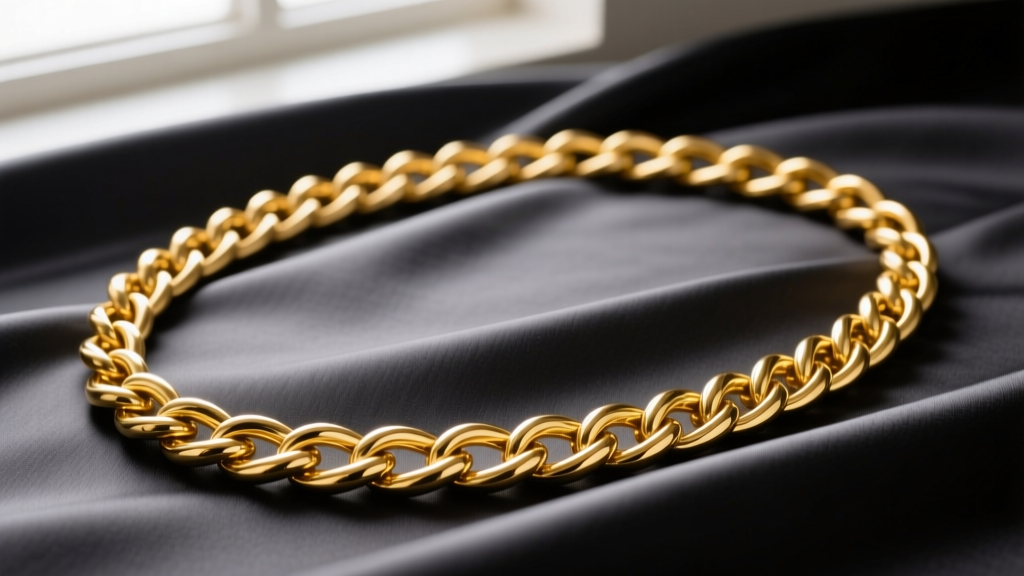 A 32-inch 14k yellow gold rope chain draped over dark charcoal silk, highlighting metal luster under soft lighting