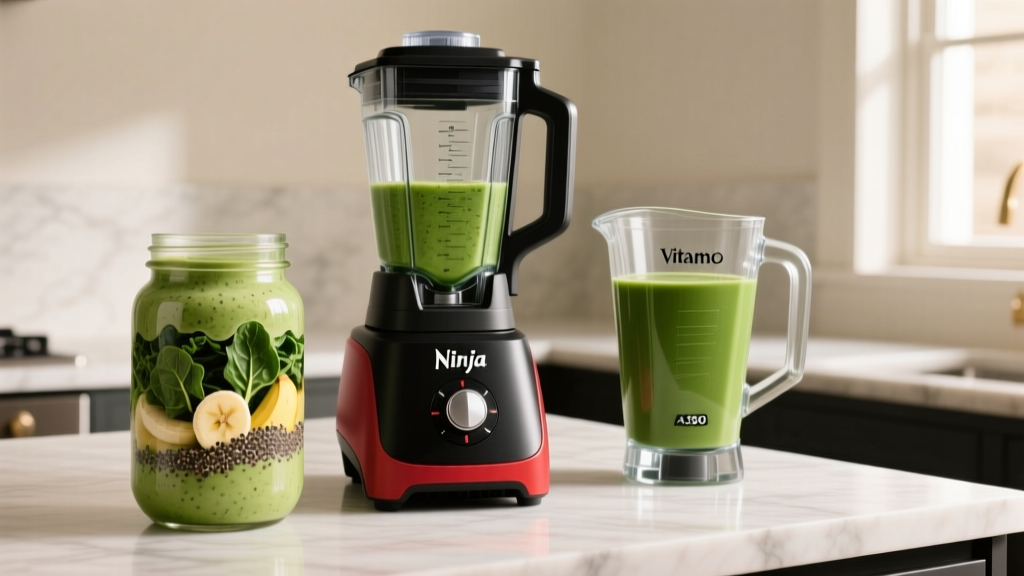 Ninja blender with chunky green smoothie next to a Vitamix A3500 pitcher containing a perfectly smooth and vibrant green puree