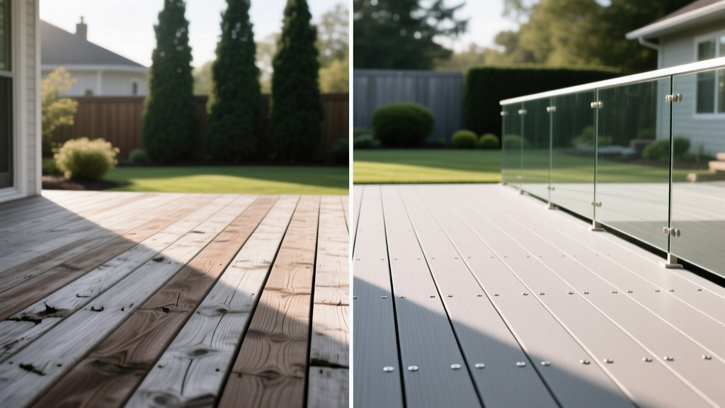 Split-view comparison of a weathered pressure-treated wood deck next to a pristine capped composite deck with hidden fasteners and glass railings