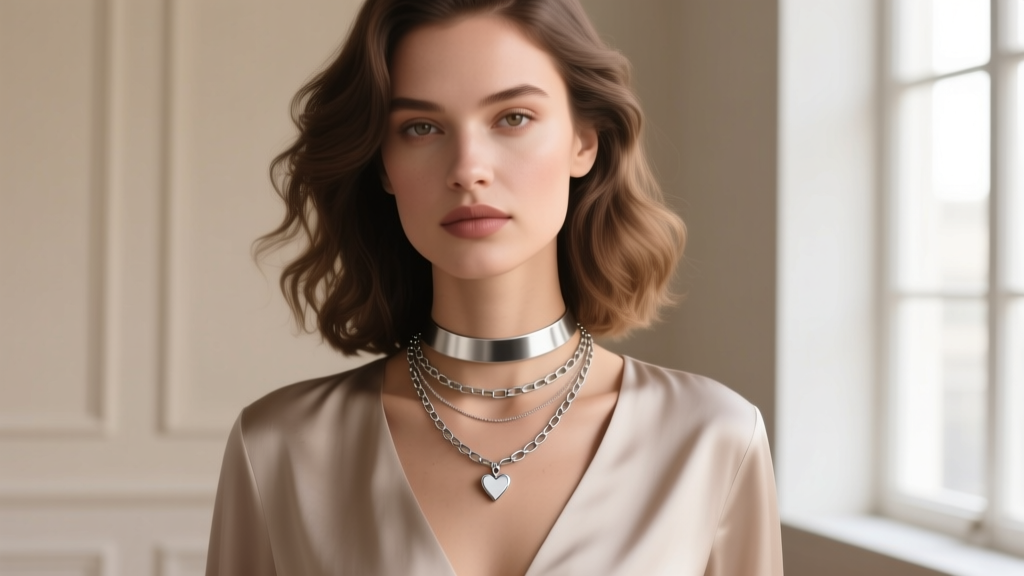 Woman wearing a layered necklace stack featuring a 16-inch mini heart pendant, a 14-inch choker, and an 18-inch paperclip chain