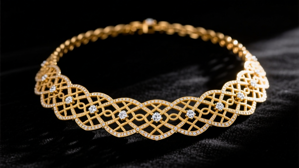 18k gold Roberto Coin Venetian Princess necklace on dark velvet, showing intricate woven lace texture and diamond accents.