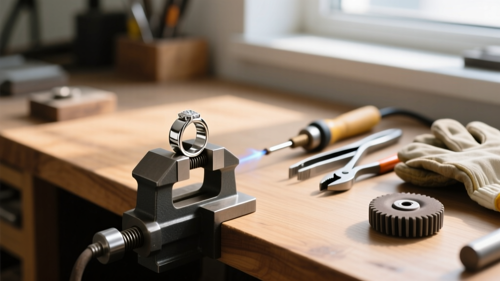 Jeweler workbench showing a stainless steel ring clamped in a vise next to welding tools, illustrating the difficulty of resizing.