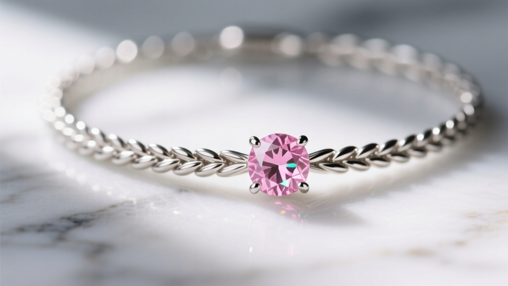 Macro shot of bezel-set light pink sapphire solitaire on delicate 1.2mm platinum wheat chain against blurred marble background.