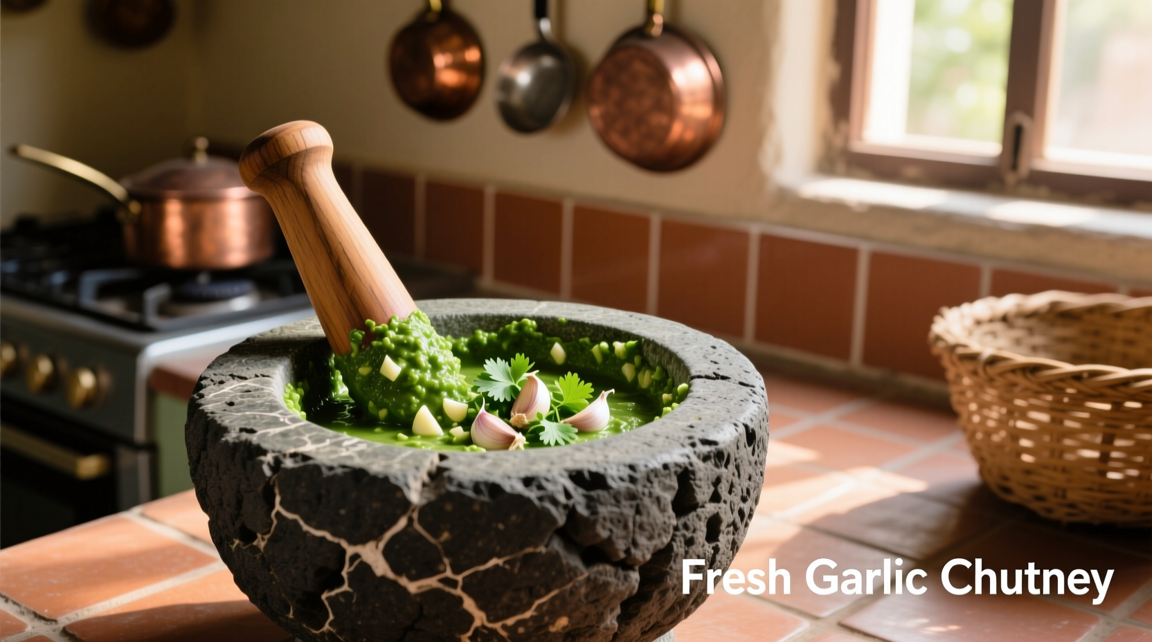 Fresh garlic chutney in traditional stone mortar