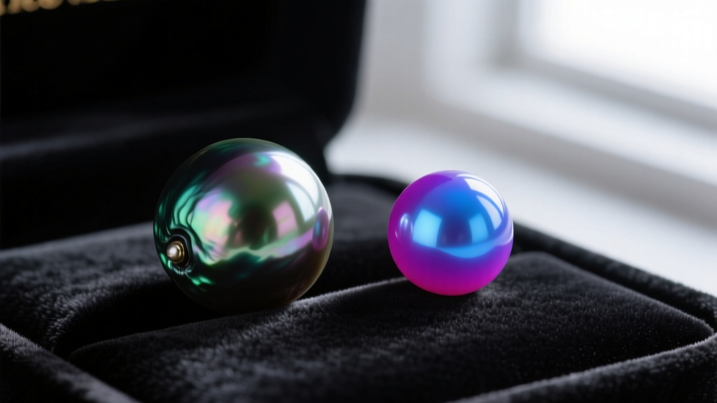 Close-up of a naturally dark Tahitian pearl next to a dyed Akoya pearl resting on a textured black velvet jewelry display surface