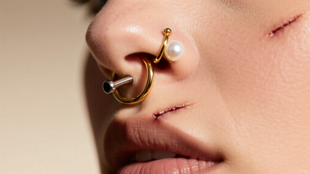 Close-up of a healed triple lobe piercing wearing an 18-gauge titanium labret, a seamless gold hoop, and a delicate pearl stud