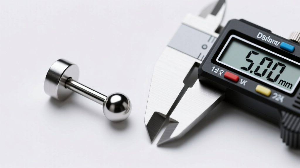 Macro photography of a 14-gauge titanium barbell earring next to a digital caliper measuring its thickness, studio lighting.
