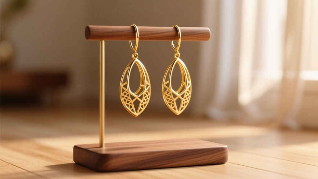 Lightweight, hollow-tube 18k gold statement drop earrings dangling from a minimalist wooden jewelry display stand in warm light