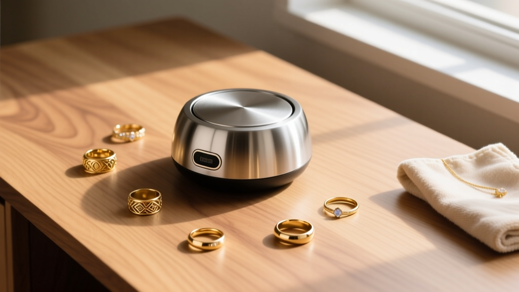 Overhead shot of a wooden desk with a stainless steel ultrasonic jewelry cleaner, a microfiber cloth, and scattered gold rings.