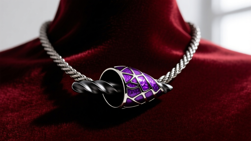 Macro shot of a dark titanium auger shell necklace with purple enamel inlay and a heavy stainless steel rope chain on velvet