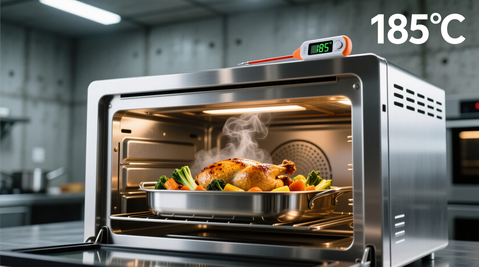 Convection oven with roasting pan and thermometer