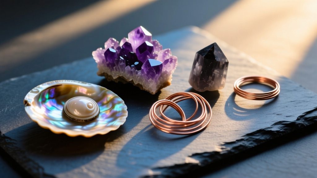 Flat lay of polished abalone shells, raw amethyst clusters, and copper wire on dark slate, lit by warm sunlight.