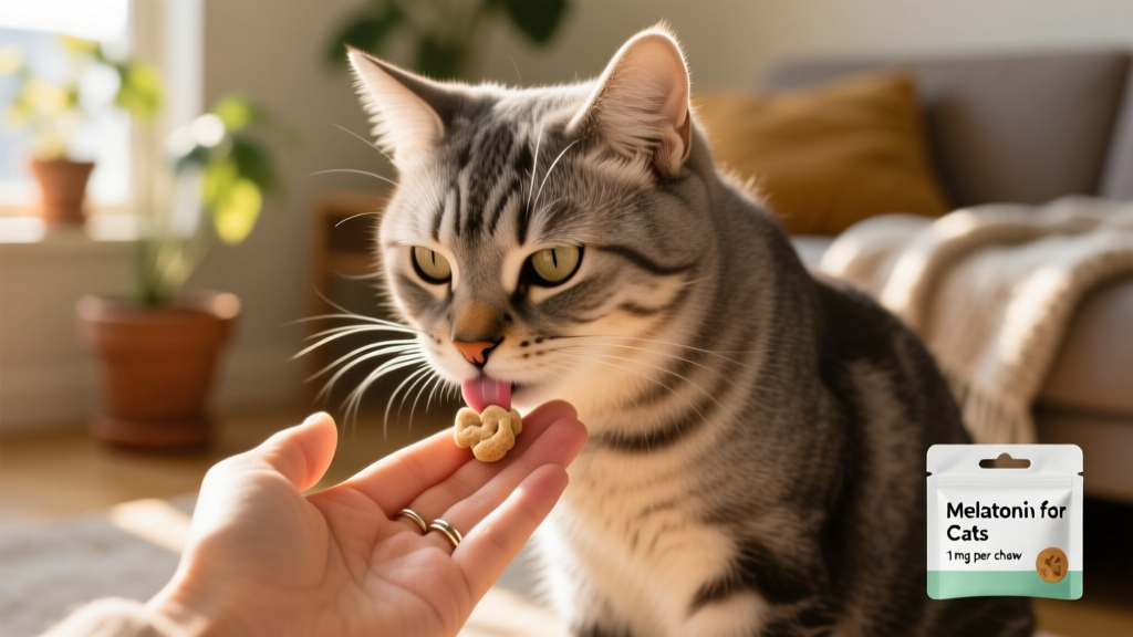 Close-up of a cat calmly licking a soft chew supplement from a pet parent's hand