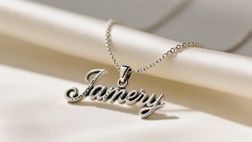 Sterling silver James Avery script letter necklace on cream silk, soft light showing oxidized details and a small lobster clasp