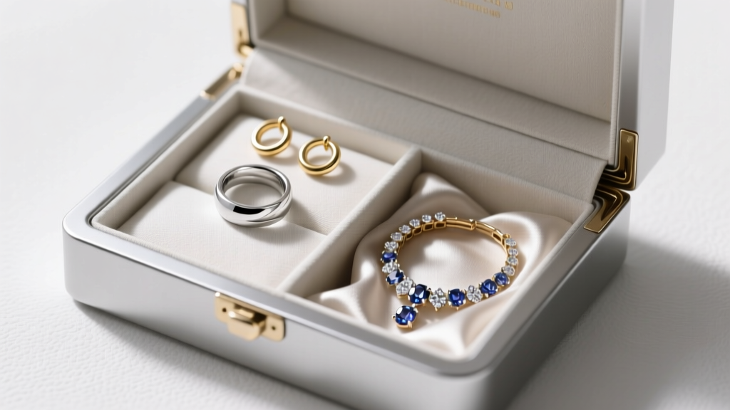 Open anti-tarnish jewelry box with fabric compartments holding a platinum ring, gold hoops, and a delicate gemstone bracelet.
