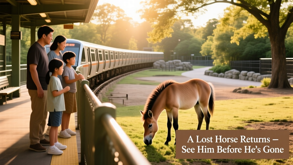 Family viewing Przewalski's horse foal from monorail platform at Bronx Zoo