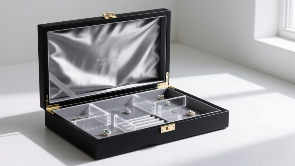 Open matte-black archival jewelry box revealing zinc-infused gray Pacific Silvercloth lining and modular acrylic dividers inside