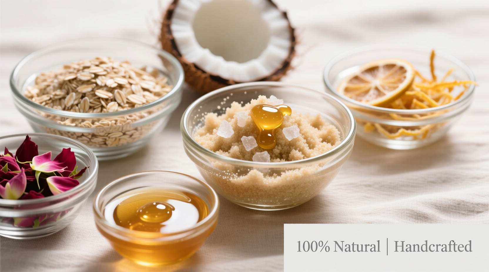 Natural face scrub ingredients in glass bowls