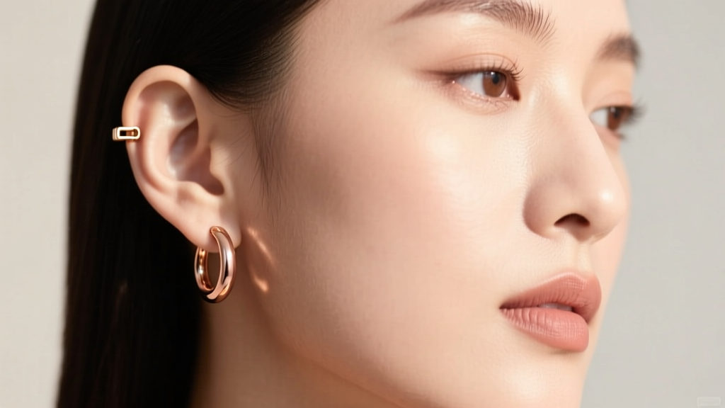 Woman wearing rose gold snap closure hoop earrings showing the secure fit on the earlobe, photographed in soft natural daylight