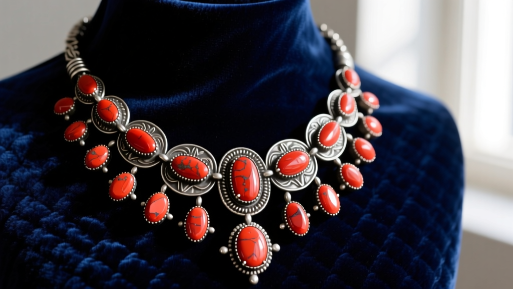 Close-up of a vintage Navajo coral necklace featuring deep red Mediterranean gems set in oxidized sterling silver on dark velvet